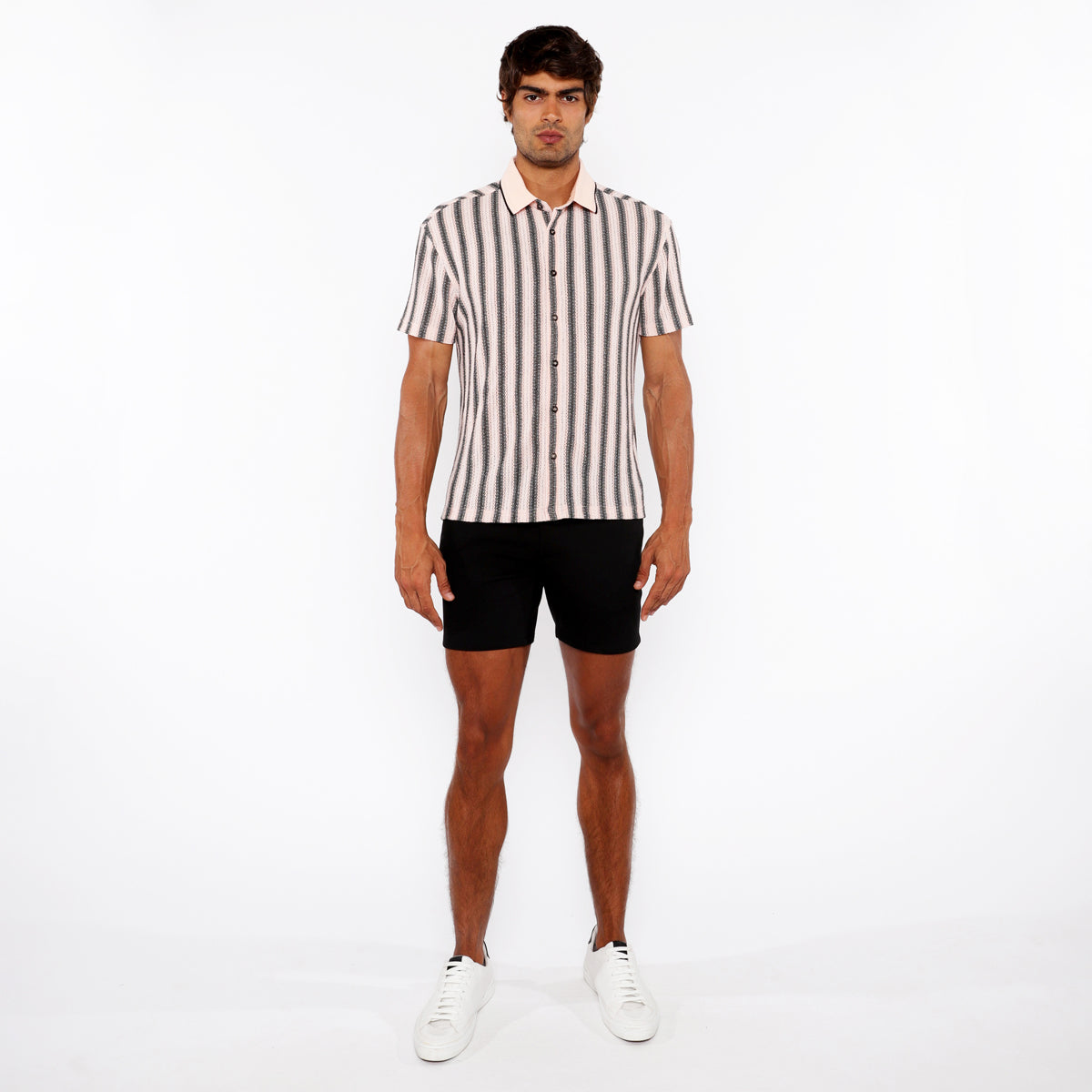 Stripe Knit Shirt w/Rib Collar